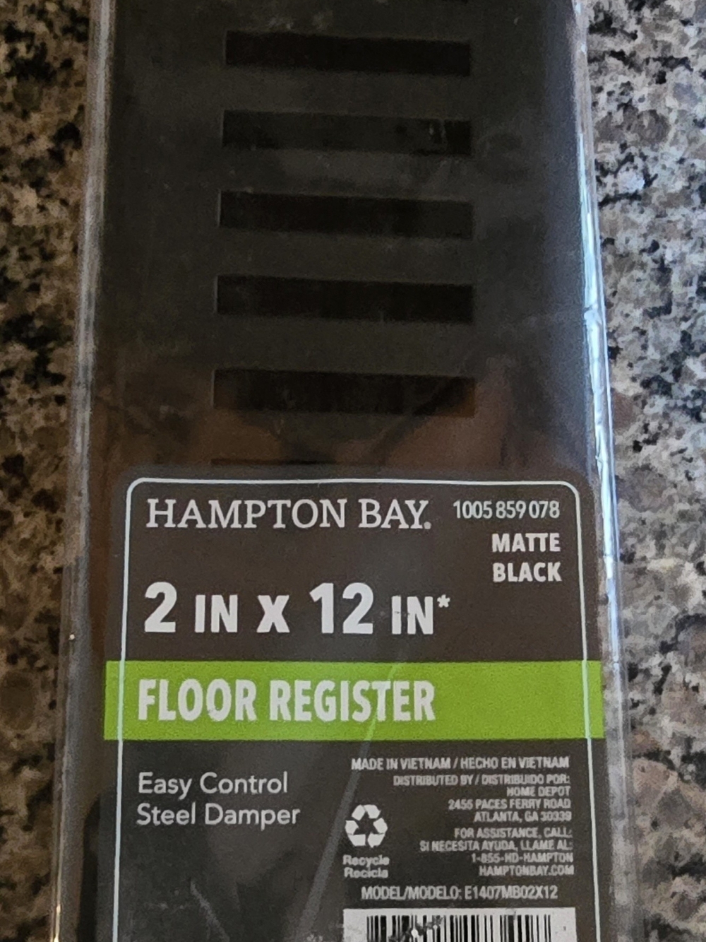 Matte Black 2 in x 12 in Floor Register, Hampton Bay Steel Damper, NWT